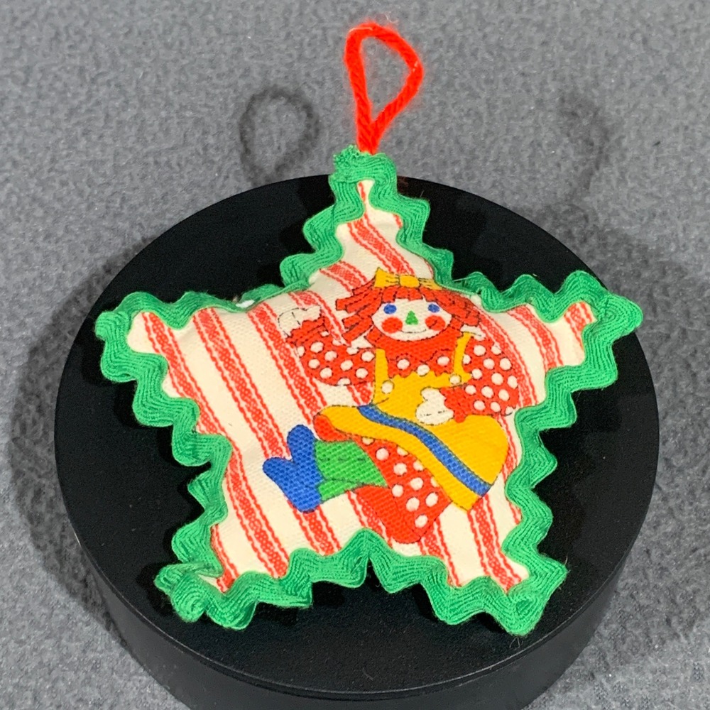Vintage Raggedy Ann Andy Star Ornament Fabric Puffy Ric Rac Trim Christmas Decor